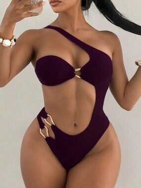 Burgundy Sexy Women's Halter One-Piece Swimsuit